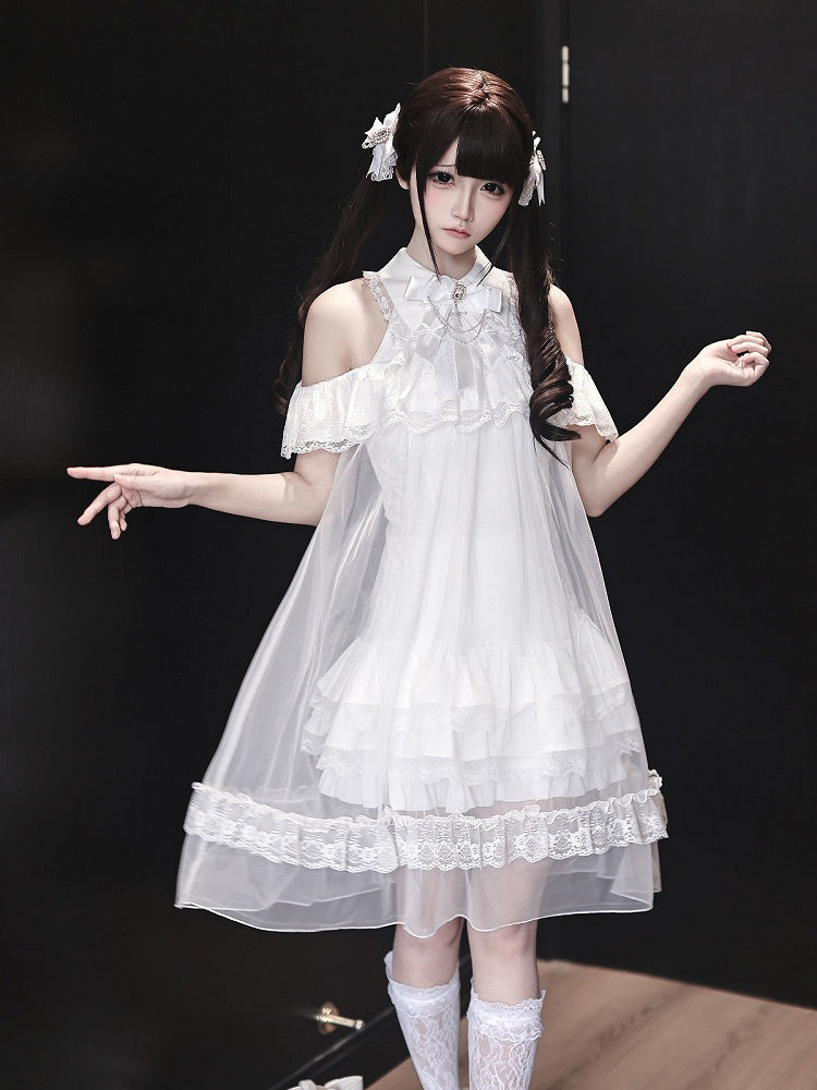 White Landmine Style Cutout Shoulder Dress with Sheer Overlay, Lace and Bow Tie - Ekomi