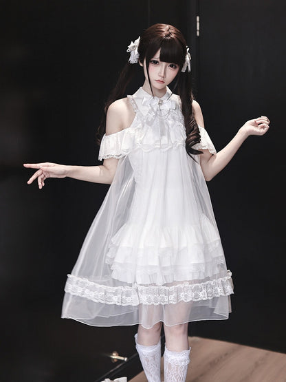 White Landmine Style Cutout Shoulder Dress with Sheer Overlay, Lace and Bow Tie - Ekomi