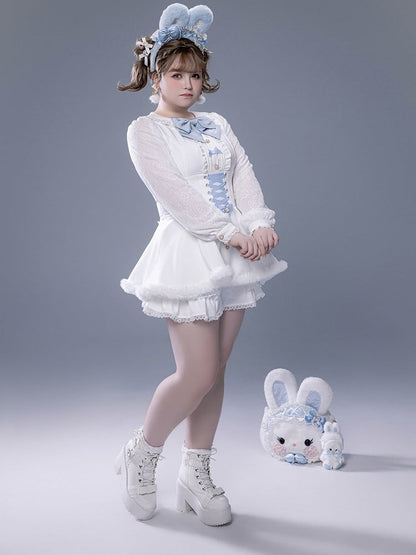 White Landmine Dress Blue Matching Shorts Plush Set Bunny Bow Ear Brooch Style Full Cape Lace +