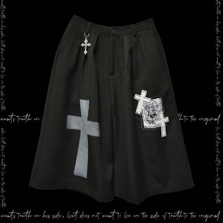 Black Cross Appliques Wide-Leg Pants Y2K