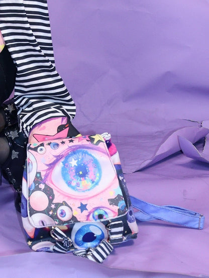 Fold-Over Flap Design Guro Colorful Backpack Eyes Print Kawaii