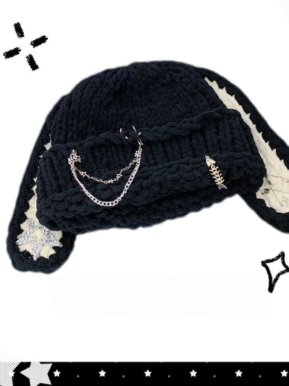 Style with Winter Pin Cute Details Hat Bunny Beanie Punk Black Warm Chain - Ear