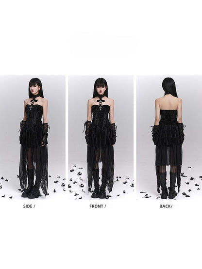 Halter Gothic with Bustier Lacing Neck Halloween Black Crisscross