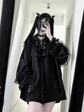Jirai Black Tie Bow Hoodie Ear Zip with Lace Bunny Kei