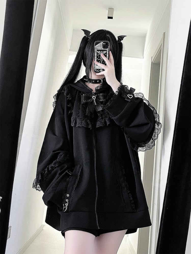 Jirai Black Tie Bow Hoodie Ear Zip with Lace Bunny Kei