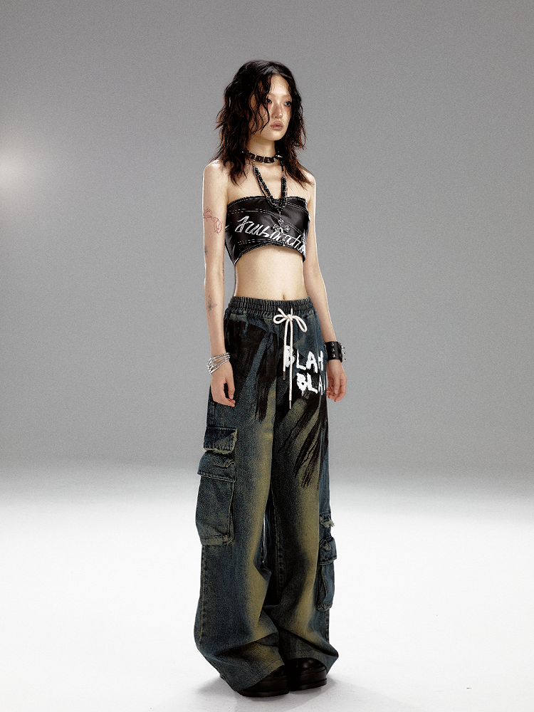 Korsett Schwarz mit Graffiti-Rücken PU-Nieten Reißverschluss-Print