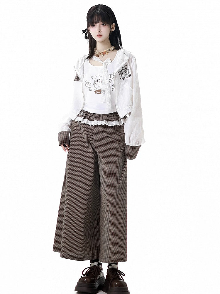 フリルレーストリムウエストワイドレッグパンツ ブラウンチェック