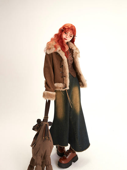 Fashion Toggle Front Coat Khaki Suede Fur Millard Trim with Faux Short