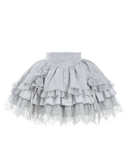 Gothic Witch Lolita Layered Skirt in Silver Gray with Drawstring Detail - With PUJI