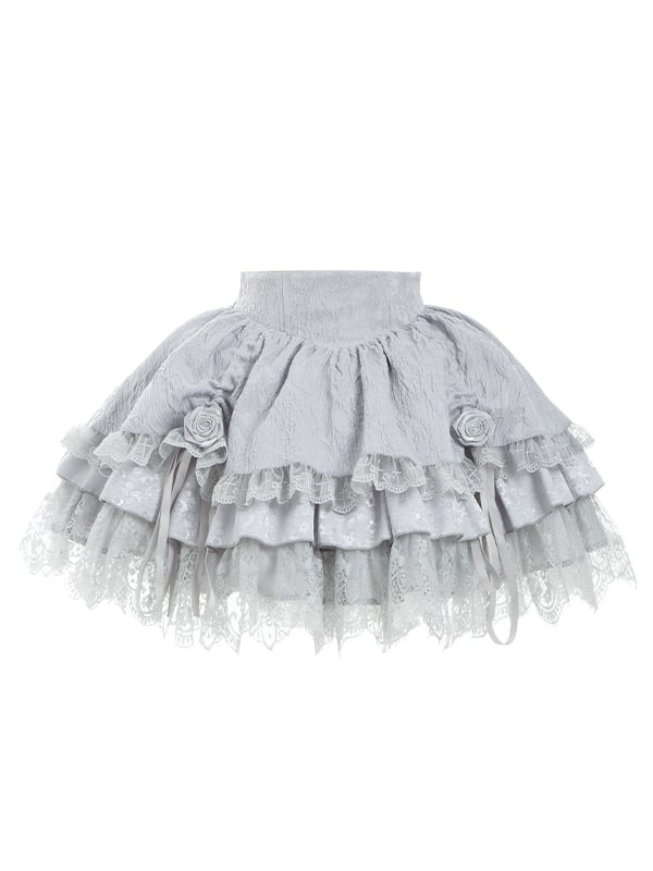Layered Gothic Witch Skirt with Drawstring Detail, Silver Gray Lolita - With PUJI
