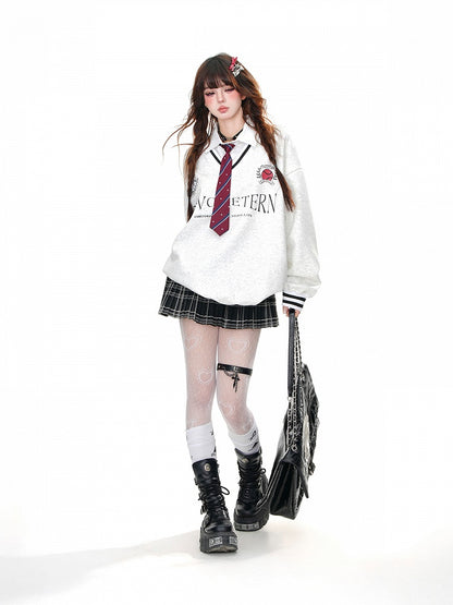 Two-pieces Tie Gray Faux Preppy Polo Collar Loose Sweatshirt with