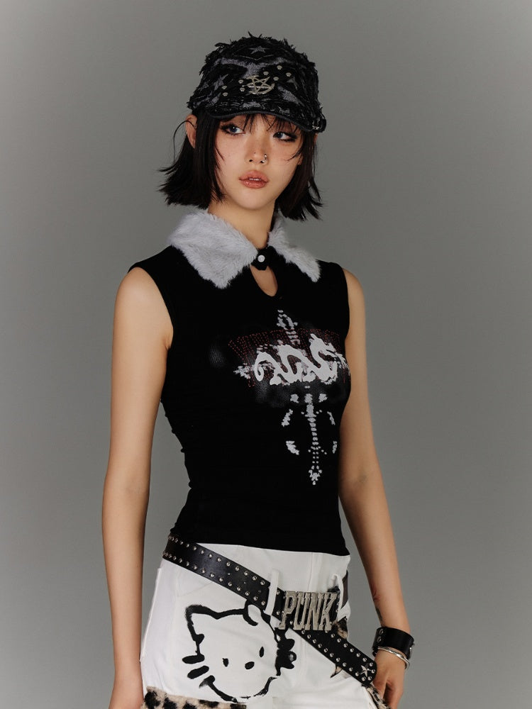 Keyhole Tank Top Y2K Black Plush Collar Snap Graphic Glamorous Neckline