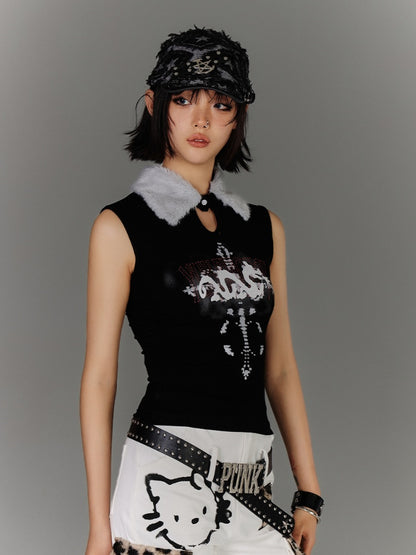 Keyhole Tank Top Y2K Black Plush Collar Snap Graphic Glamorous Neckline