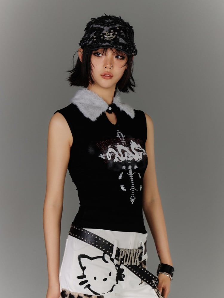 Y2K Schwarzes Plüschkragen-Druckknopf-Ausschnitt-Schlüsselloch-Grafik-Glamouröses Tanktop