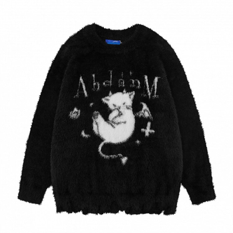 Sweater Black/White with Distress Kitten Plush Design Trim Devil and
