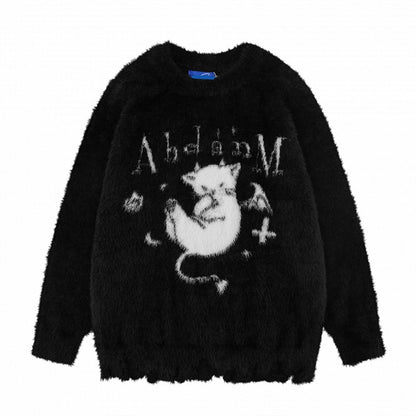 Sweater Black/White with Distress Kitten Plush Design Trim Devil and