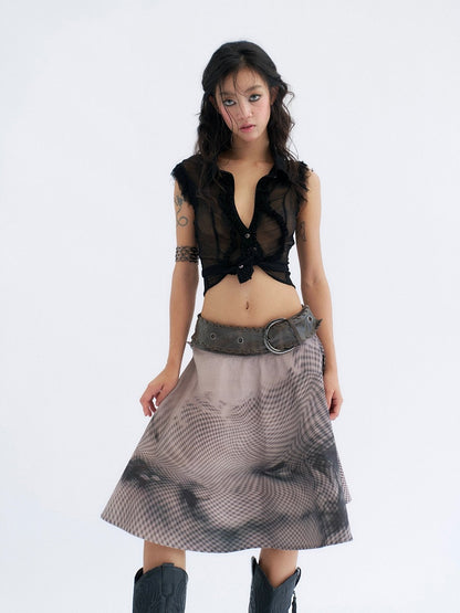 Sheer Black Fashion Irregular Punk Backless Trim With Top Sleeveless Mesh Ruffled