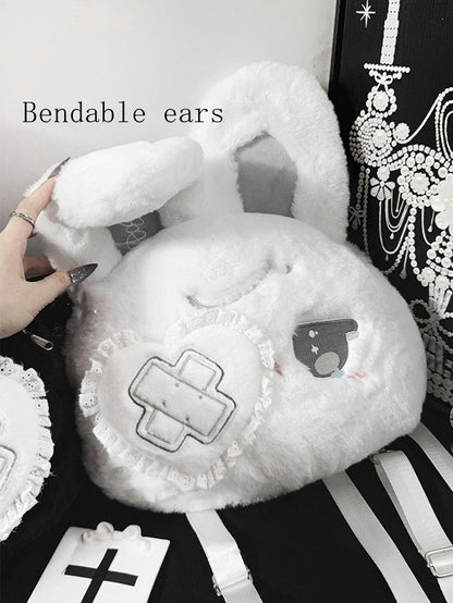 Eye Black White with Design Bendable Heart Patch Kawaii Ears / Bunny Plush Backpack