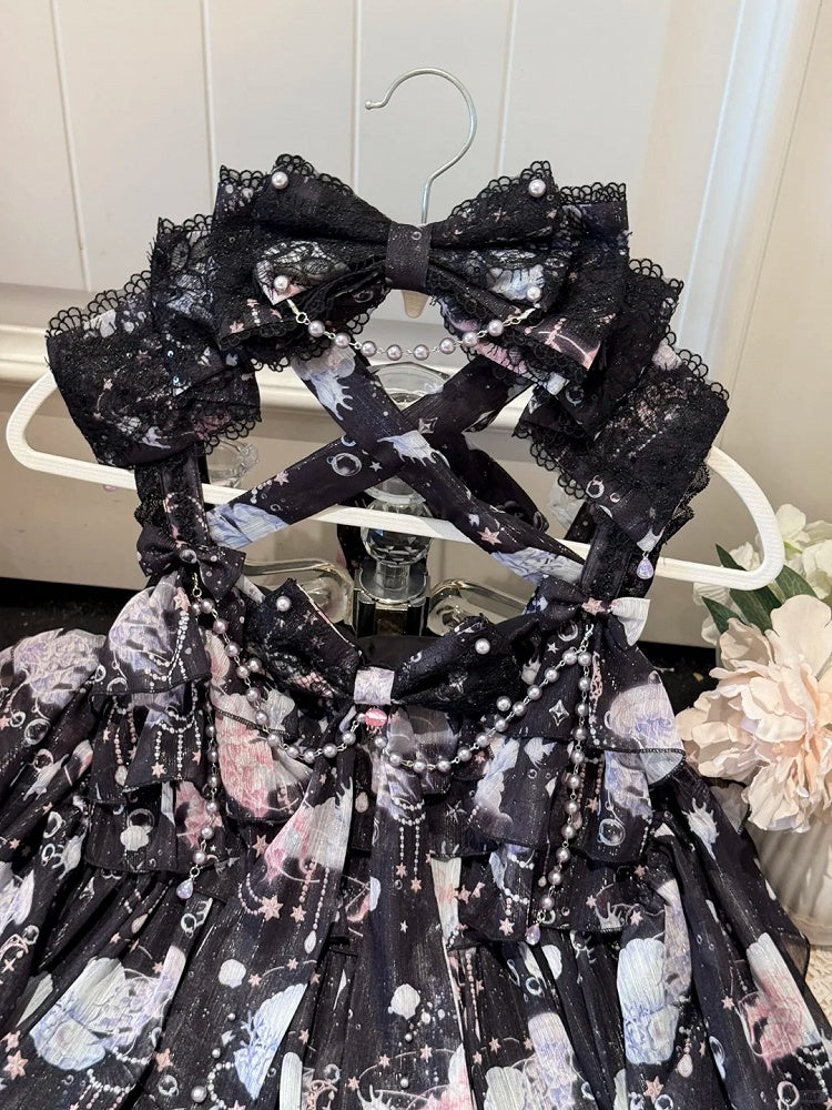 Black Marine Print Halter Neck High Waist Sweet Lolita Jumper Skirt - Meng Fu Zi