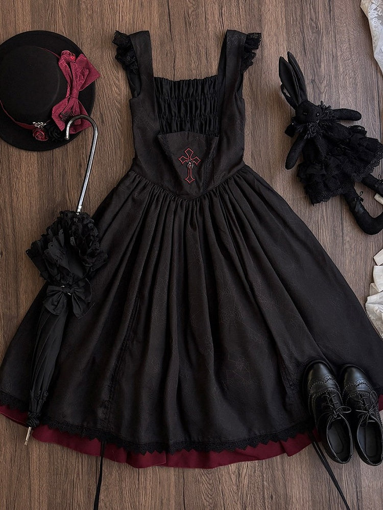 Drawstring Gothic with Dress Straps Shoulder Lace-Trimmed Waist Cross Black Embroidery Basque Lolita JSK and