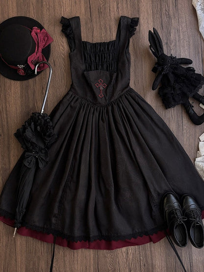 Drawstring Gothic with Dress Straps Shoulder Lace-Trimmed Waist Cross Black Embroidery Basque Lolita JSK and