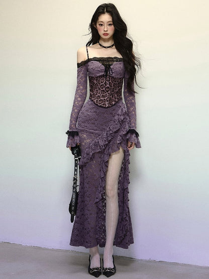 Purple Leopard Corset Bodice High Slit Flounce Hem Mermaid Skirt Off Shoulder Lace Dress Evening Gown