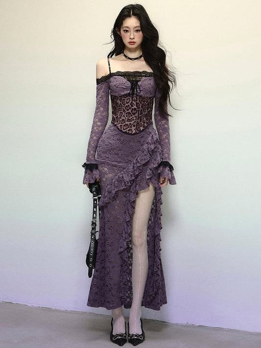 Purple Leopard Corset Bodice High Slit Flounce Hem Mermaid Skirt Off Shoulder Lace Dress Evening Gown