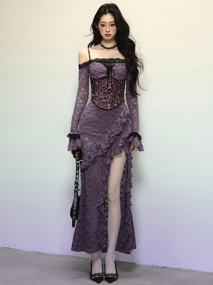 Robe de soirée en dentelle à épaules dénudées et corsage corset léopard violet, ourlet à volants et fente haute