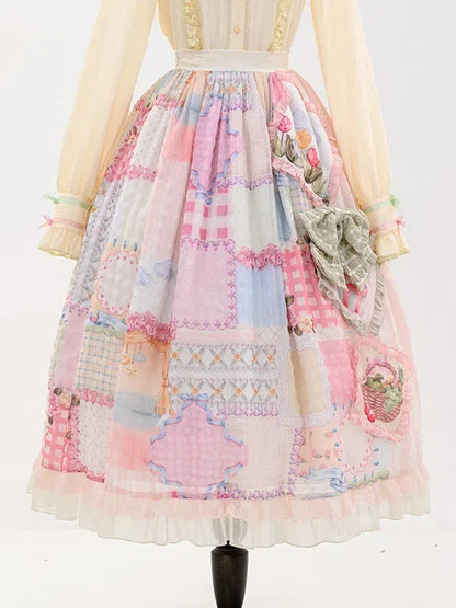 Cottagecore Patchwork Print Sweet Lolita Skirt with Detachable Straps Long Version