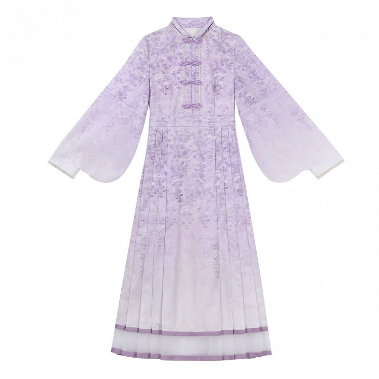 Beige Print Charm Dress Tassel Lolita Han Apron Floral Wisteria Purple + Beaded with