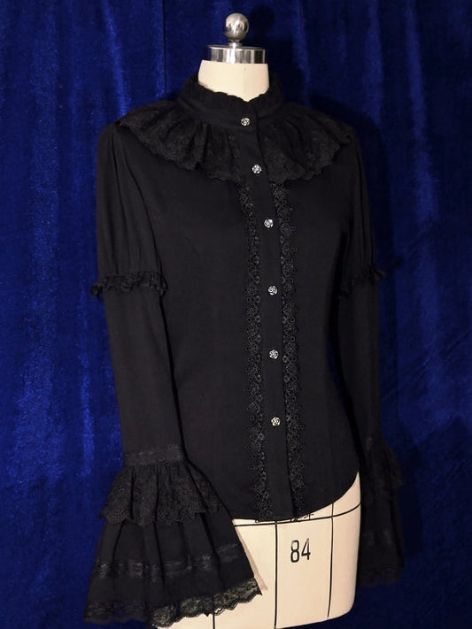 Gothic Neckline Ruffle Shirt Lolita Sleeves Kuro Black Long