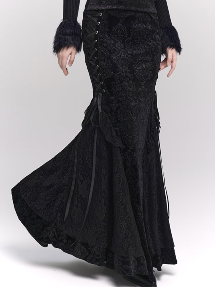 Schwarzer Meerjungfrauenrock aus Samt mit Schnürdetail an der Seite