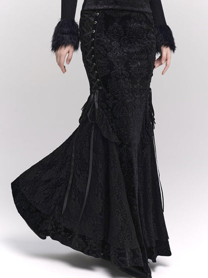 Schwarzer Meerjungfrauenrock aus Samt mit Schnürdetail an der Seite