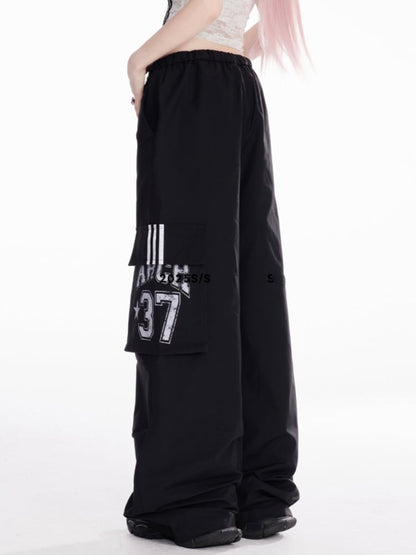 ドローストリングウエスト ストライプサイド ワイドレッグ カーゴパンツ ブラック/ホワイト