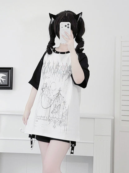 White Landmine Style Raglan Short Sleeve Tee with Hot-Fix Rhinestone & Graphic Accents - Puzzles