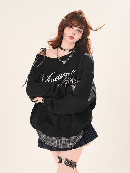 Self-tie Asymmetrical Neckline Plaid Hem Sweatshirt Black/Gray Shoulder Strap