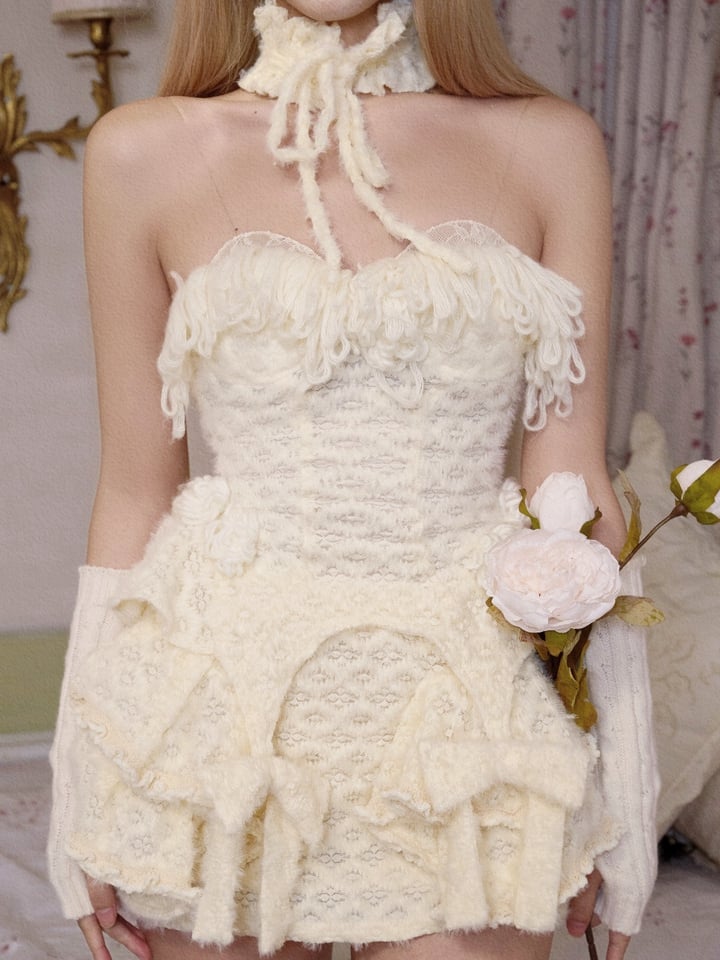 Cream with White Bow Corset Accents Knitted Lace Fuzzy