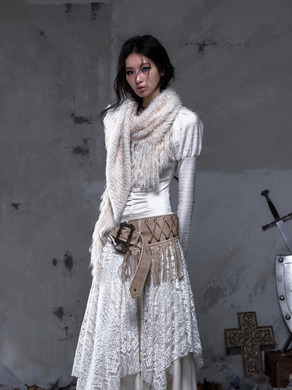 Fringe Vintage Punk Scarf White Long Faux Triangle Mink Y2K