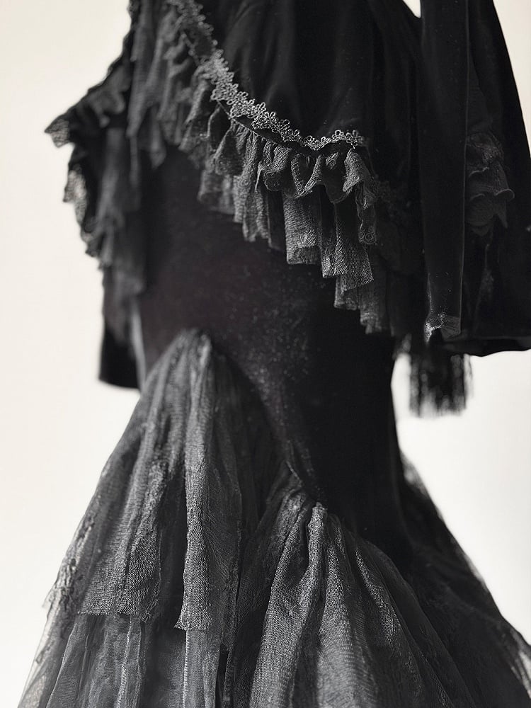 Black Embroidered Lace Blouse with Velvet V-Neck Coat and Layered Mermaid Skirt - DevilInspired Exclusive Collection