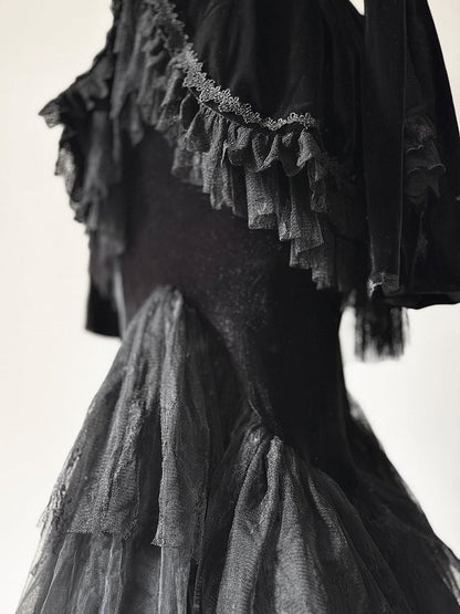 Black Embroidered Lace Blouse with Velvet V-Neck Coat and Layered Mermaid Skirt - DevilInspired Exclusive Collection