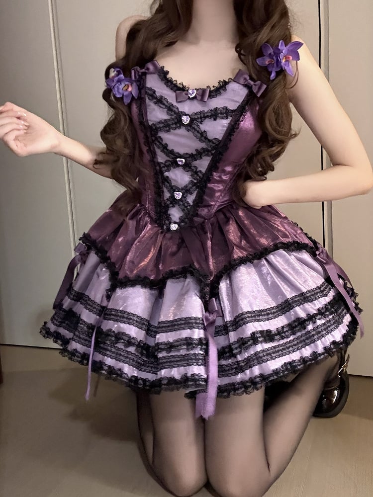 Black Dress Fluffy Waist Lolita Purple Accents with Sweet Basque Bow