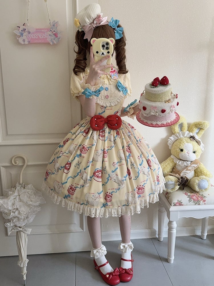 Lolita Print Kleid Gelb Showa Cherry Fashion Creme Sweet Cake Kitty und