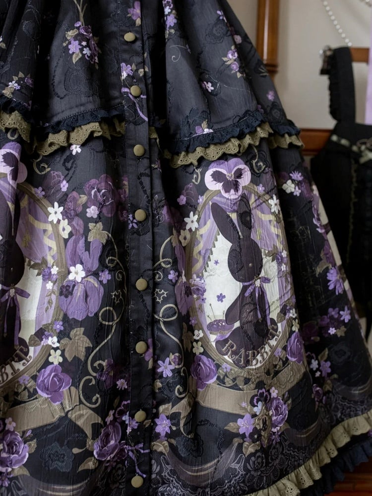 Front Placket Floral Bunny and with Jacquard Lolita Skirt Print Button