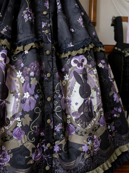 Front Placket Floral Bunny and with Jacquard Lolita Skirt Print Button