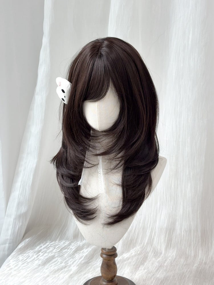 Black Tea Long Straight Wig with Side-swept Bangs - Sleepy Fish