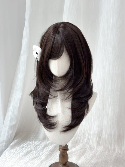 Black Tea Long Straight Wig with Side-swept Bangs - Sleepy Fish