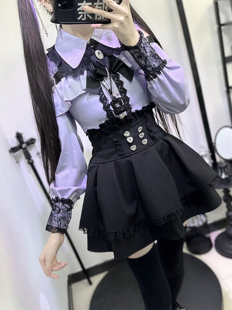 | Shoulder Kei Cutout Blouse with Dusty Purple Heart Decorative Look Buckle Jirai