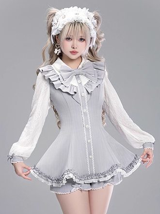 Bow Scalloped Brooch Outfit: with Edge Striped Detachable Shorts Elegant Jirai Gray Kei Top