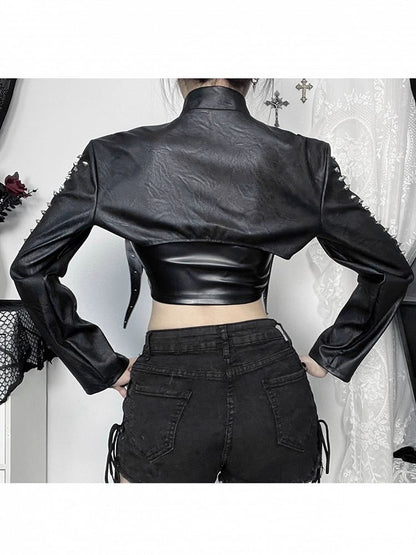 with Punk Halloween Crop Jacket PU Sleeves Shoulder Black Cutouts Studded