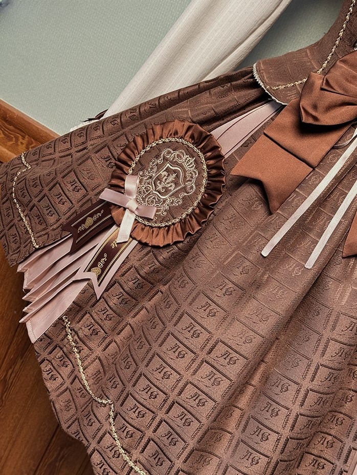 Scoop Scalloped with Dress Chocolate Lolita Edge Sweet Hem Neckline Brown